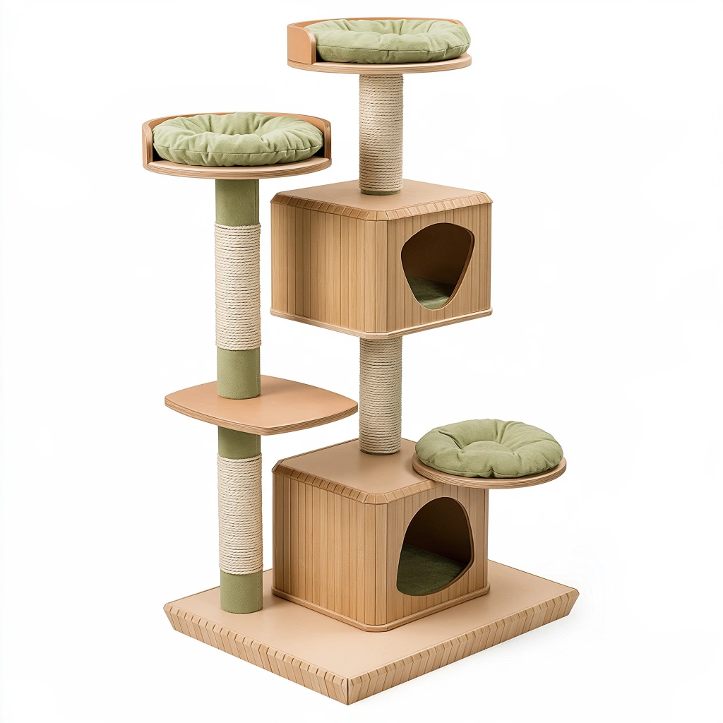 Kratzbaum 60 x 60 x 170 cm aus Holz in Natur Grün mit Sisal und Liegeflächen