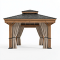 Gartenpavillon 400 x 300 x 330 cm aus Holz in Braun mit Vorhängen und Walmdach