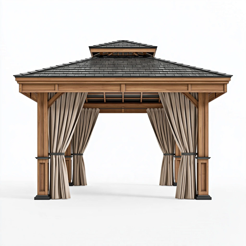 Gartenpavillon 400 x 300 x 330 cm aus Holz in Braun mit Vorhängen und Walmdach