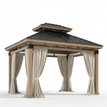 Gartenpavillon 400 x 300 x 320 cm Holz Metall Beige mit Vorhängen und Metalldach