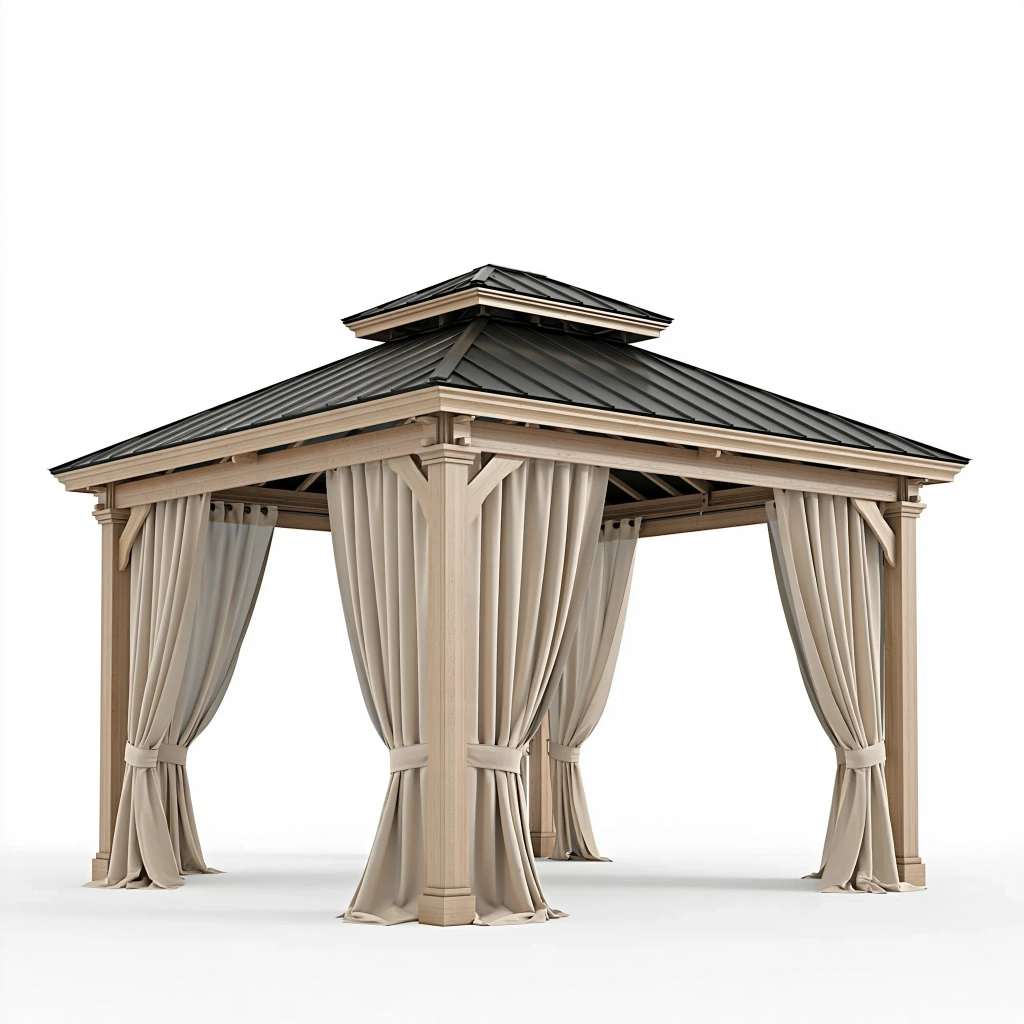 Gartenpavillon 400 x 400 x 320 cm Holz Beige Schwarz mit Vorhängen und Metalldach