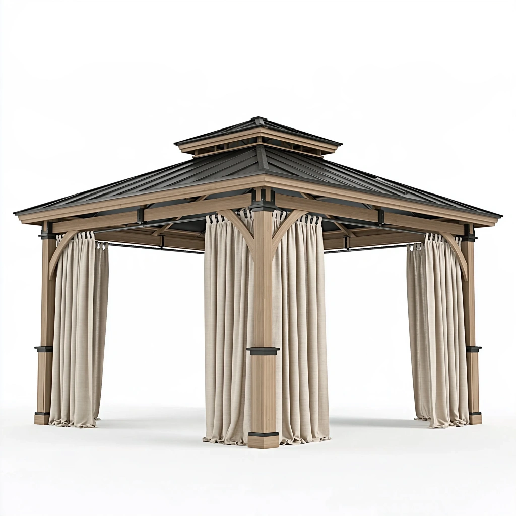 Pavillon 300 x 300 cm Holz Metall Beige mit Vorhängen für Garten