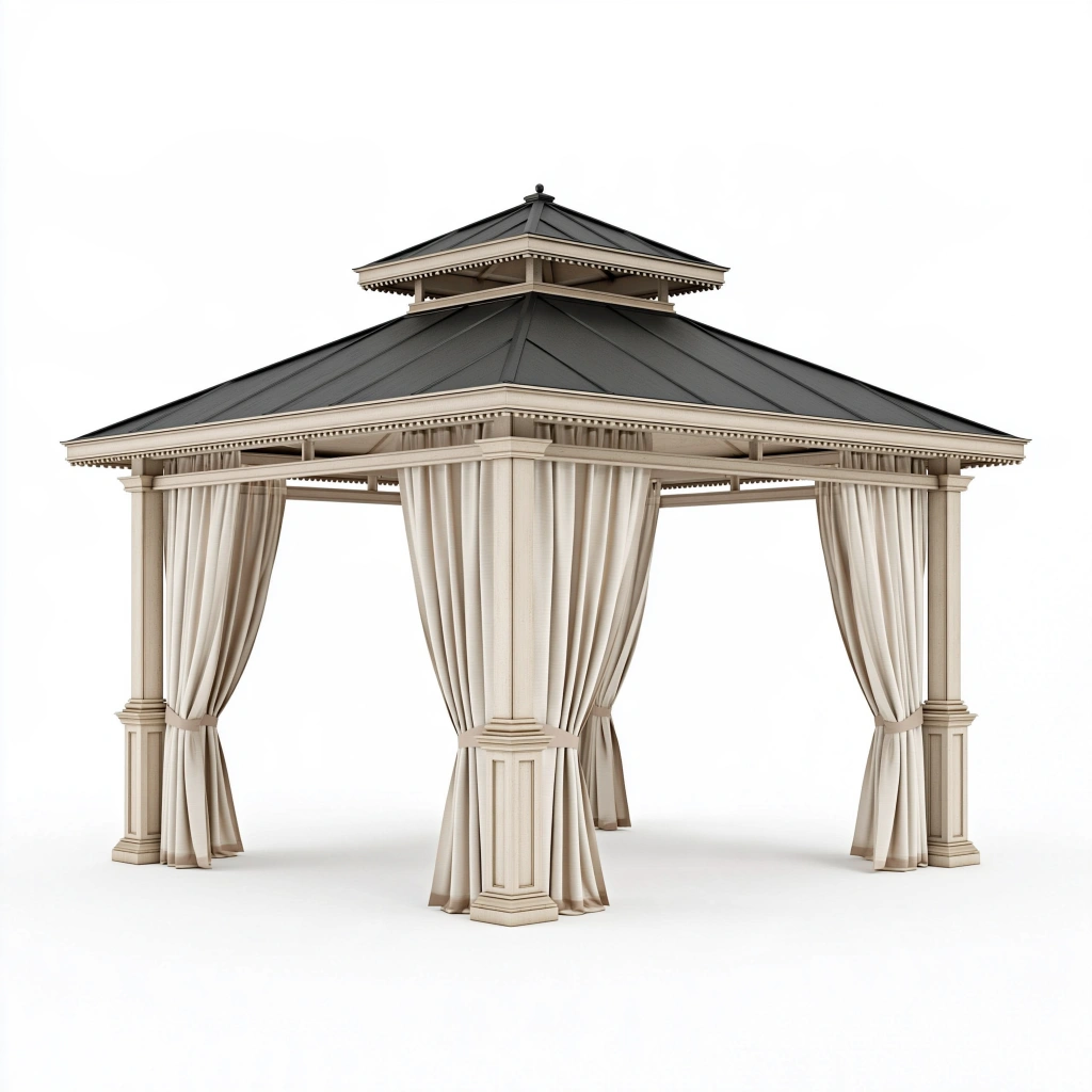 Gartenpavillon 300 x 300 x 300 cm Metall Beige Anthrazit mit Vorhängen und Doppeldach