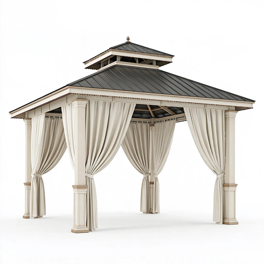 Gartenpavillon 300 x 300 x 320 cm aus Metall in Creme mit Vorhängen und Walmdach