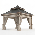 Gartenpavillon 400 x 400 cm aus Holz in Beige und Anthrazit mit Vorhängen im klassischen Stil