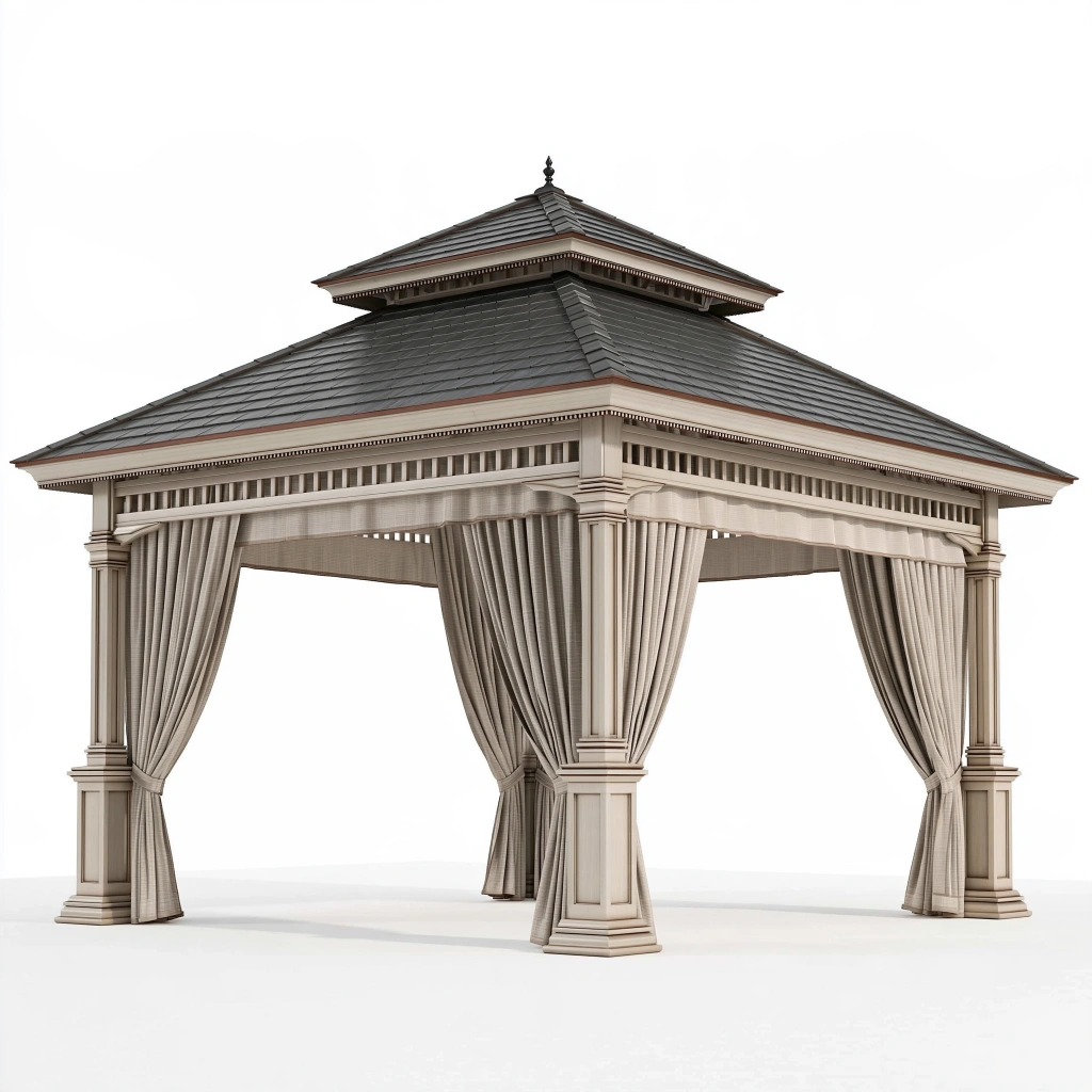 Gartenpavillon 400 x 400 cm aus Holz in Beige und Anthrazit mit Vorhängen im klassischen Stil