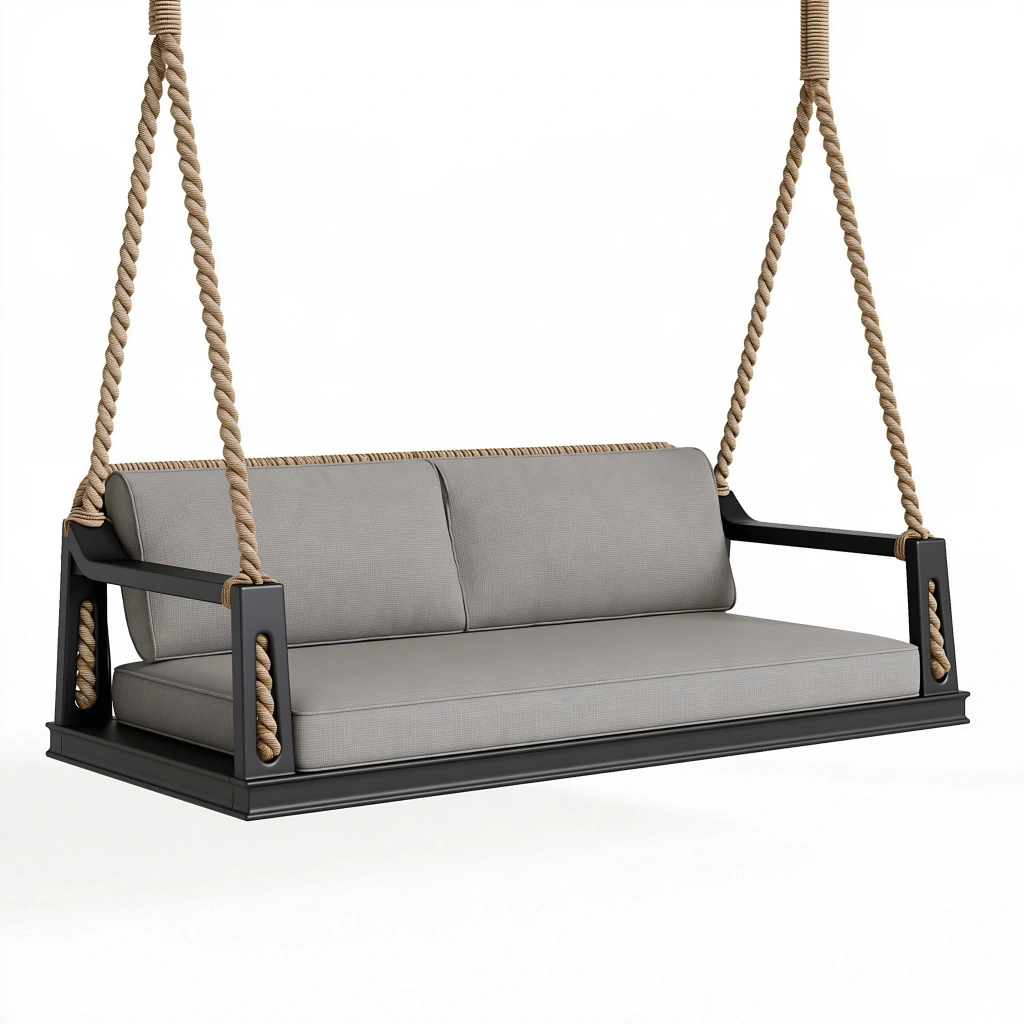 Hängesofa 160 x 70 x 180 cm mit Metallgestell in Schwarz Grau und Seilaufhängung für Außenbereiche