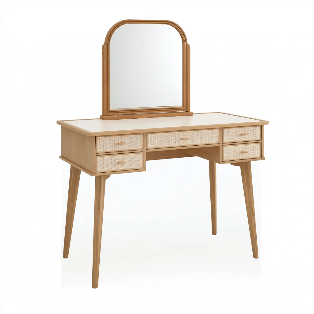 Schminktisch 120 x 50 x 145 cm Holz Natur mit Spiegel und Rattangeflecht Mid-Century