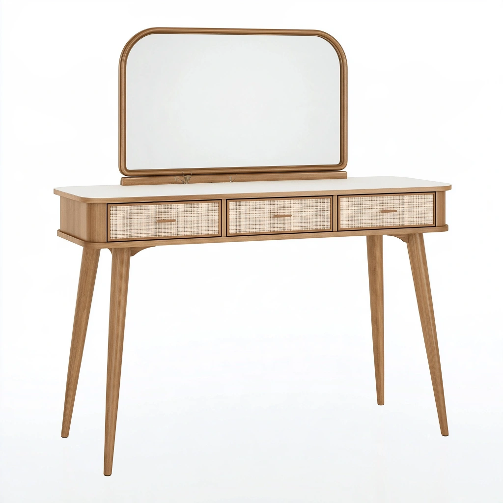 Schminktisch 120 x 45 x 145 cm in Naturholz mit Spiegel und Rattangeflecht im Retro-Stil