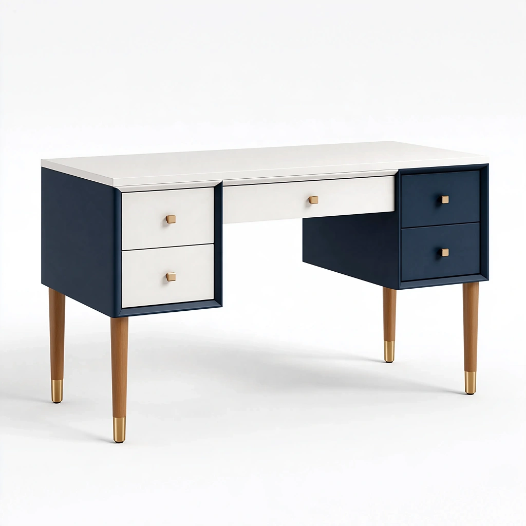 Schreibtisch 140 x 60 x 75 cm Holzwerkstoff Weiß Dunkelblau mit 5 Schubladen Mid-Century-Stil