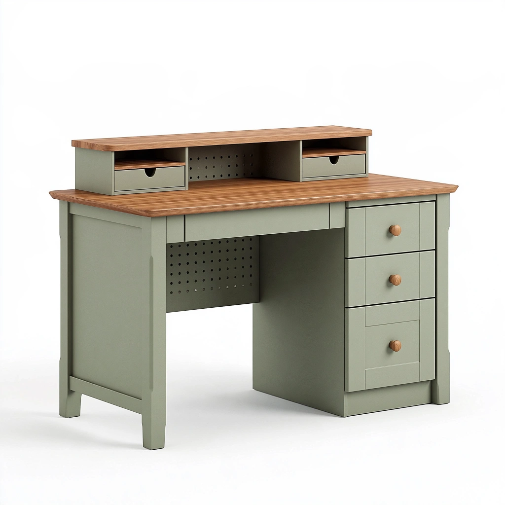Schreibtisch 120 x 60 x 100 cm aus Holzwerkstoff Grün Braun mit Schubladen und Aufsatz im Landhausstil